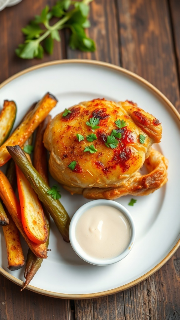 Crispy air fryer chicken thigh garnished with herbs, served with roasted vegetables on a rustic table.